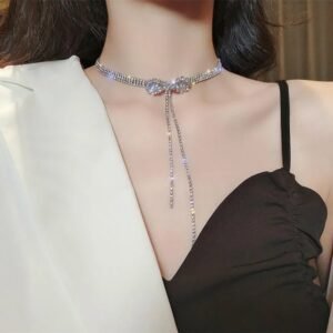 Silver Crystal Bow Tassel Choker
