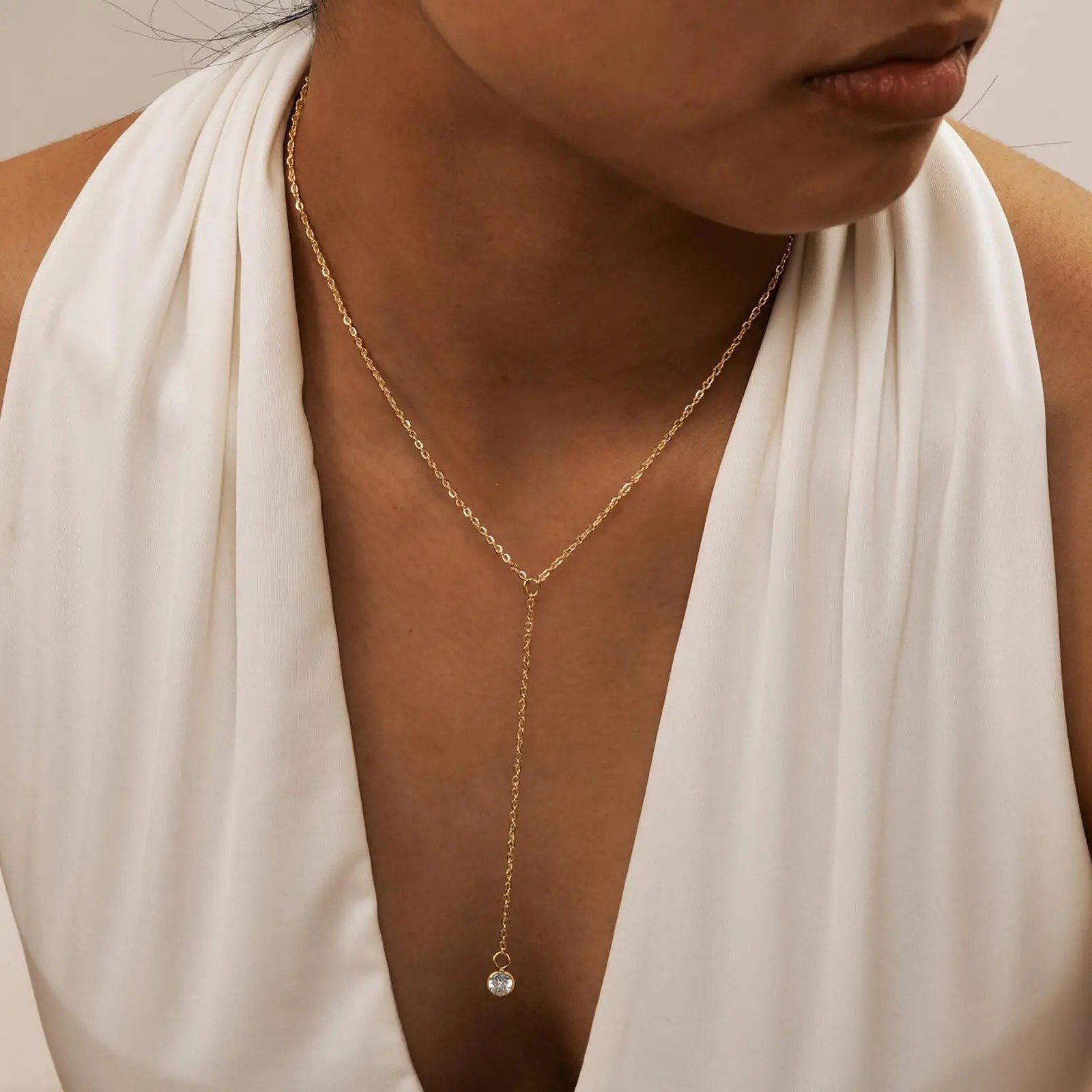 Gold Crystal Drop Lariat Necklace