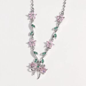 Pink Crystal Cherry Blossom Bow Necklace