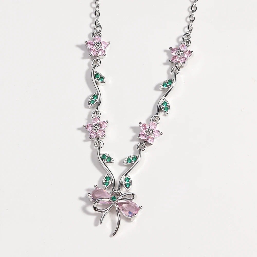 Pink Crystal Cherry Blossom Bow Necklace
