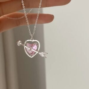 Silver Pink Crystal Heart Arrow Necklace