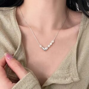 Silver Faux Pearl Heart Necklace