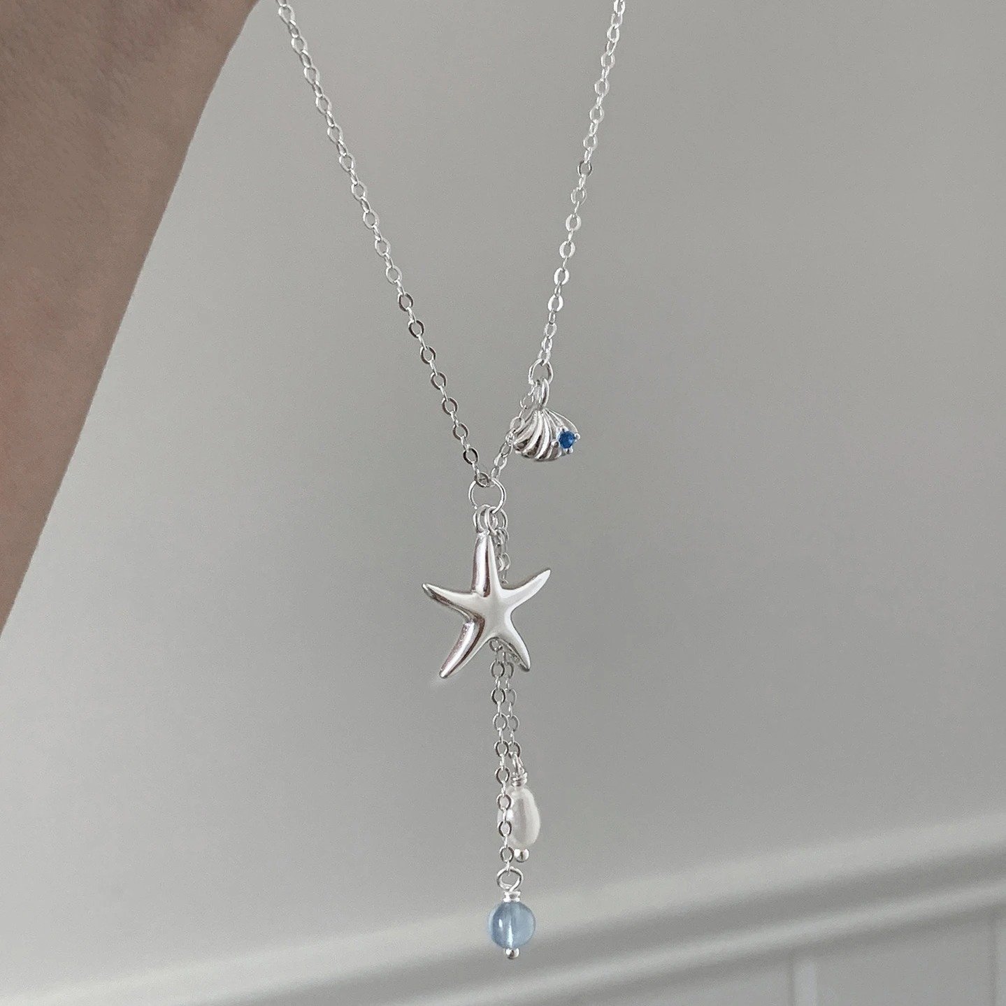 Silver Faux Pearl Starfish Necklace