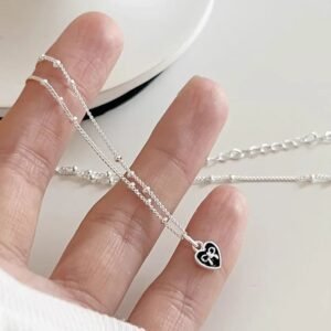 Silver Enamel Bow Heart Necklace