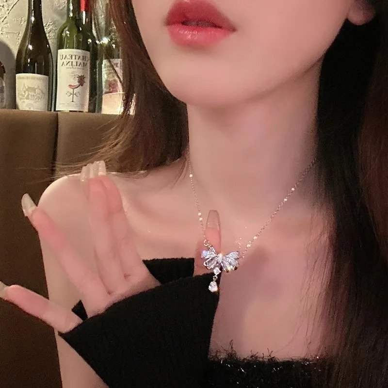 Silver Crystal Bow Pendant Necklace