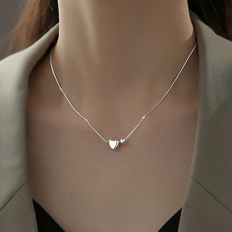 Silver Bead Heart Pendant Necklace