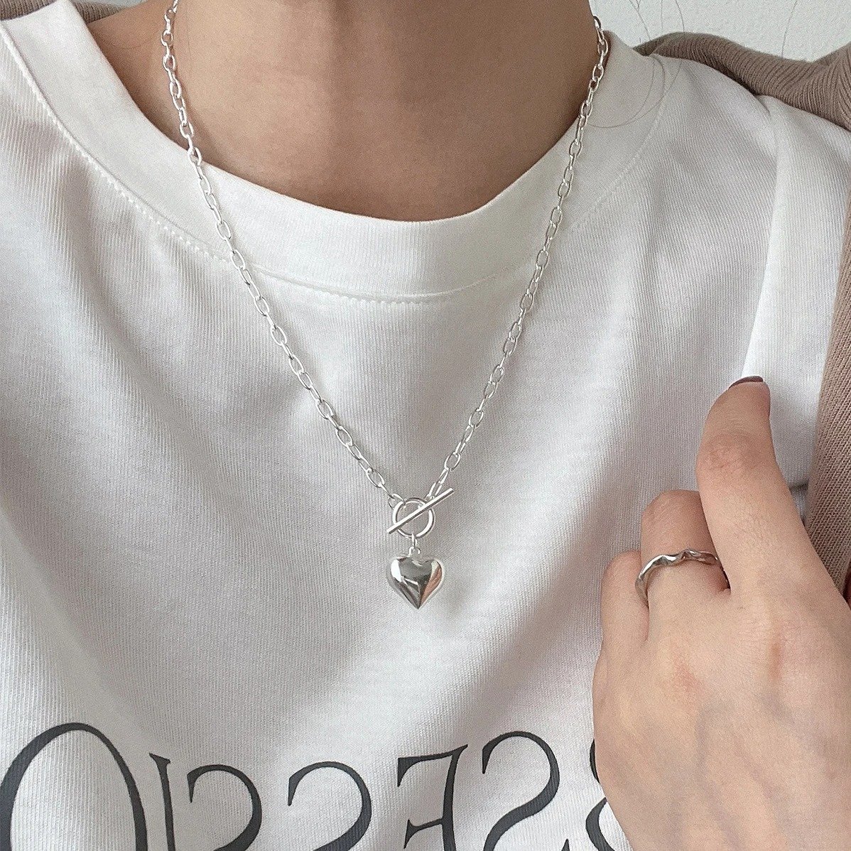 Silver Puffy Heart Toggle Necklace