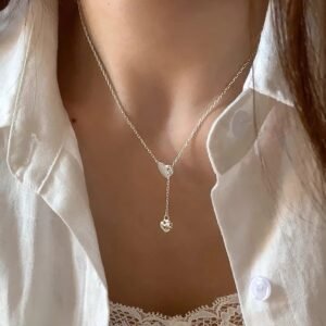 Silver Double Heart Lariat Necklace