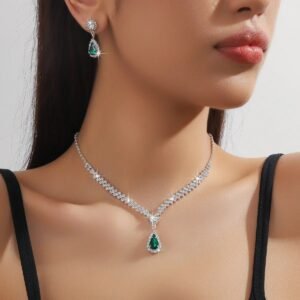 Silver Green Crystal Teardrop Necklace Set
