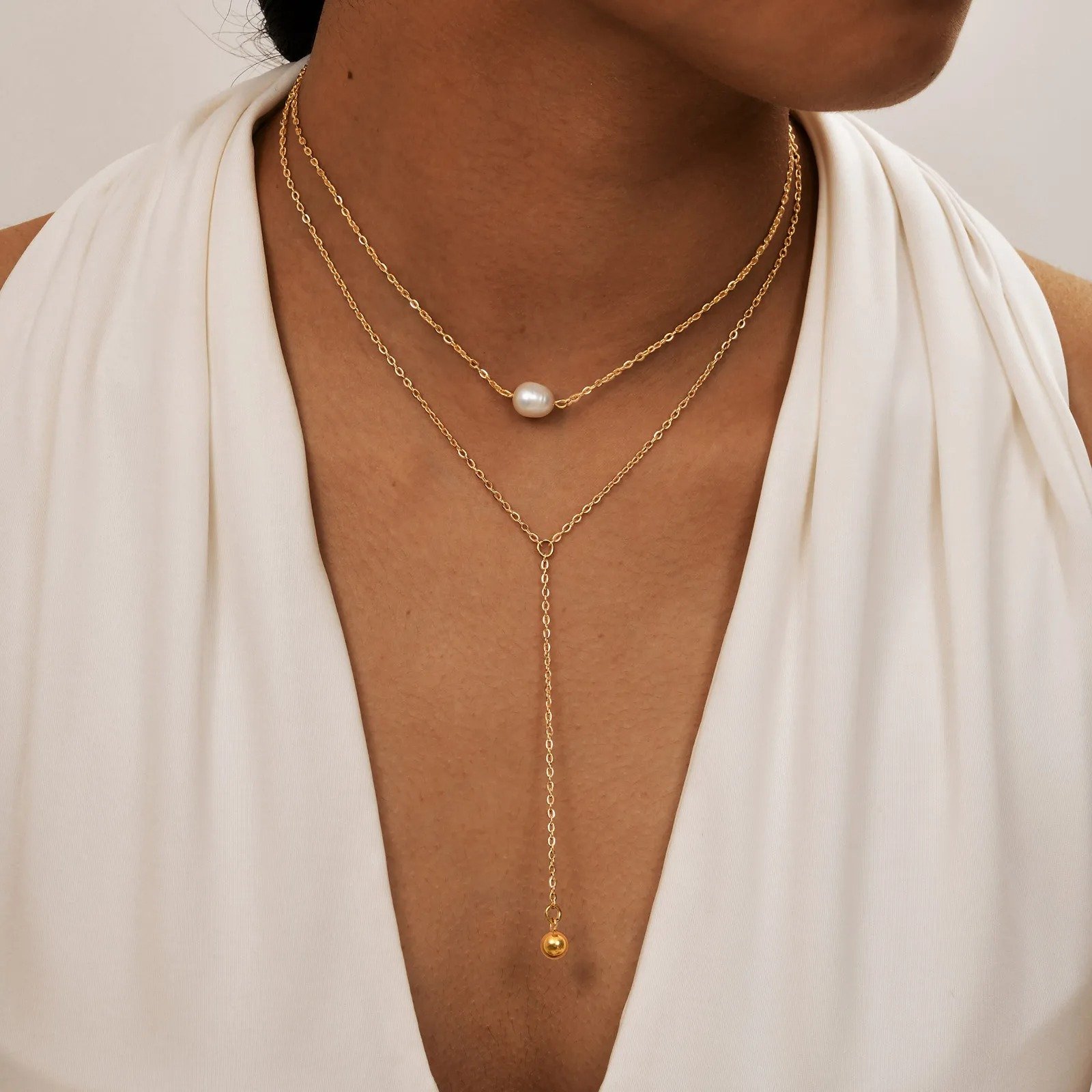Gold Faux Pearl Layered Lariat Necklace