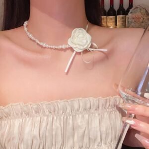 Pearl Ribbon Rose Flower Choker