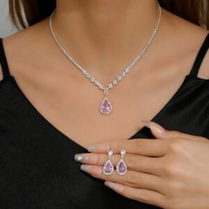 Silver Pink Crystal Teardrop Necklace Set