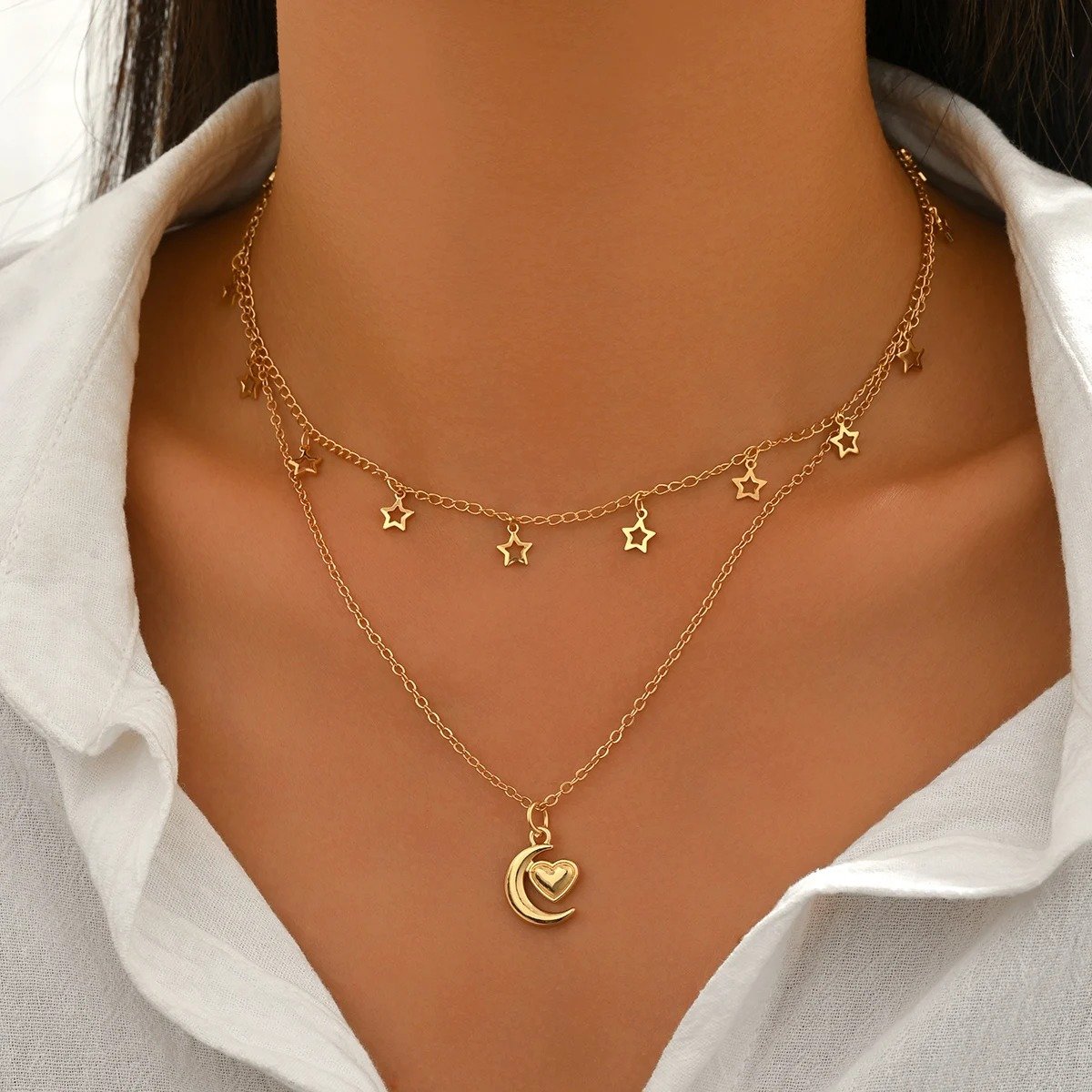 Gold Star Moon Heart Layered Necklace