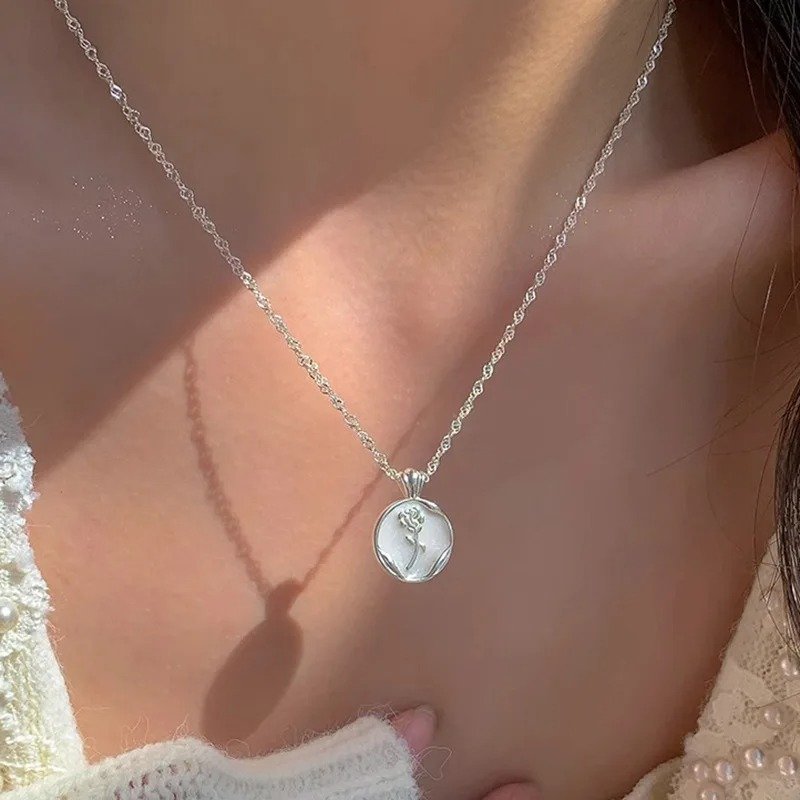 Silver White Rose Pendant Necklace