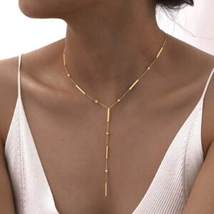 Gold Beaded Bar Lariat Necklace