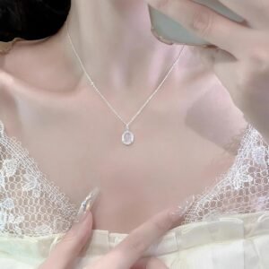 Silver Opalescent Crystal Oval Necklace
