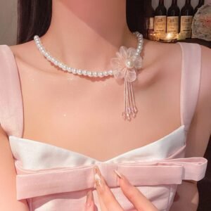 Pearl Organza Flower Crystal Necklace