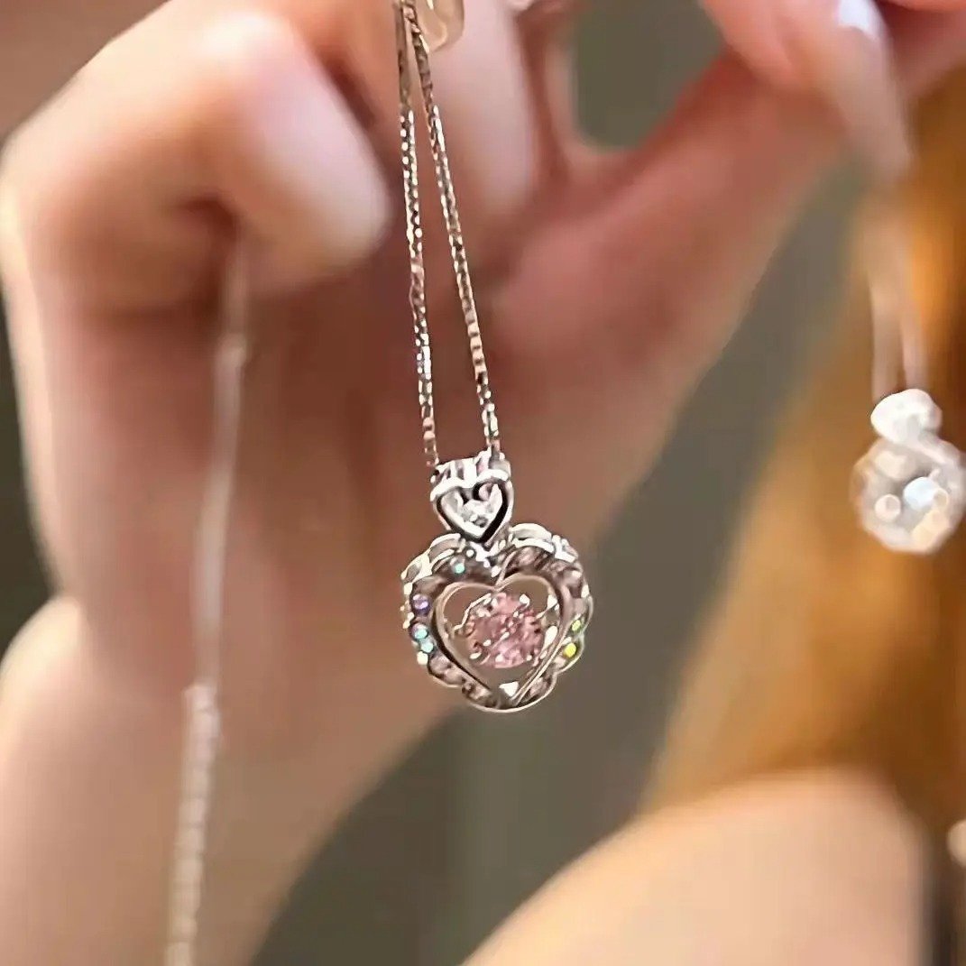 Silver Pink Crystal Heart Necklace