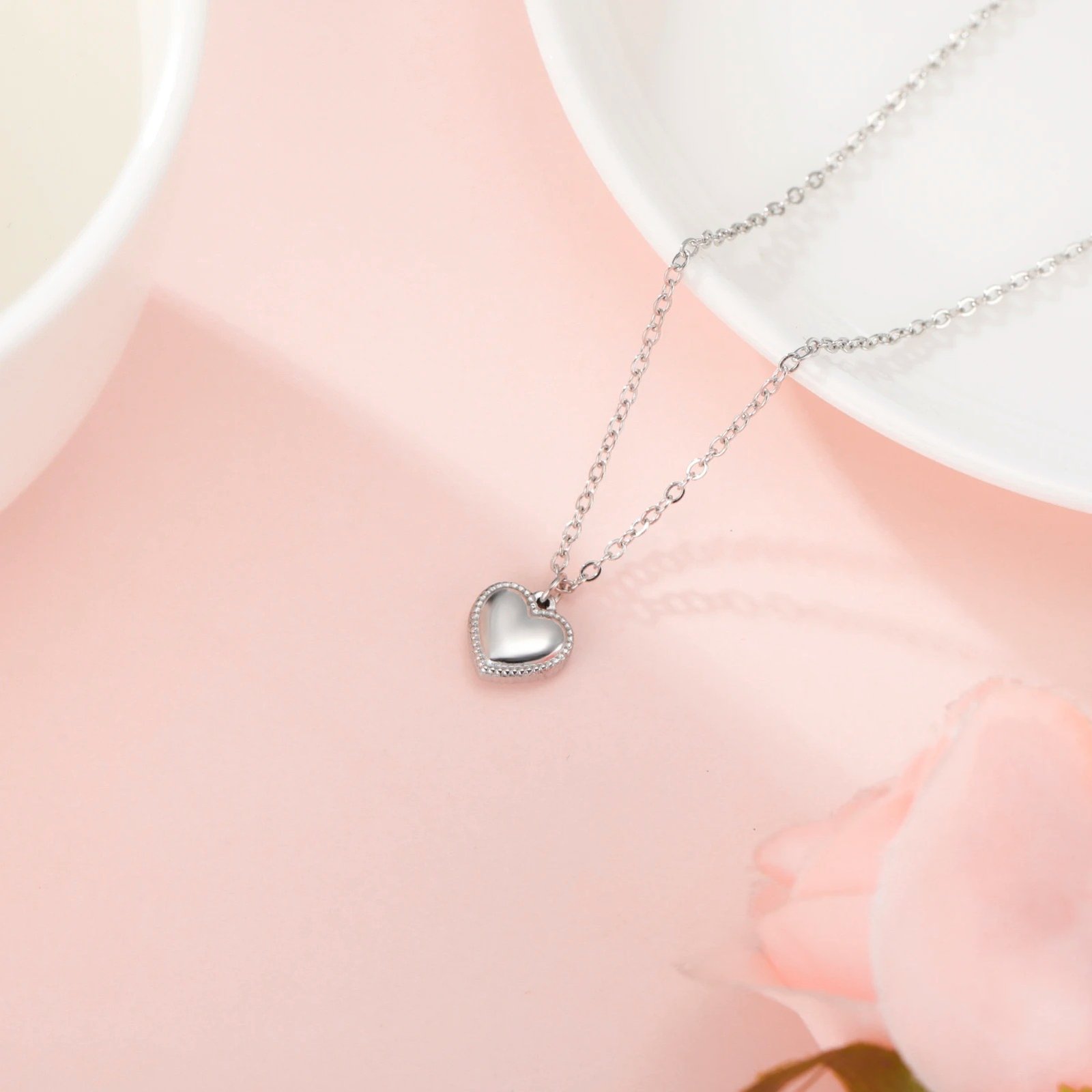Silver Beaded Heart Pendant Necklace