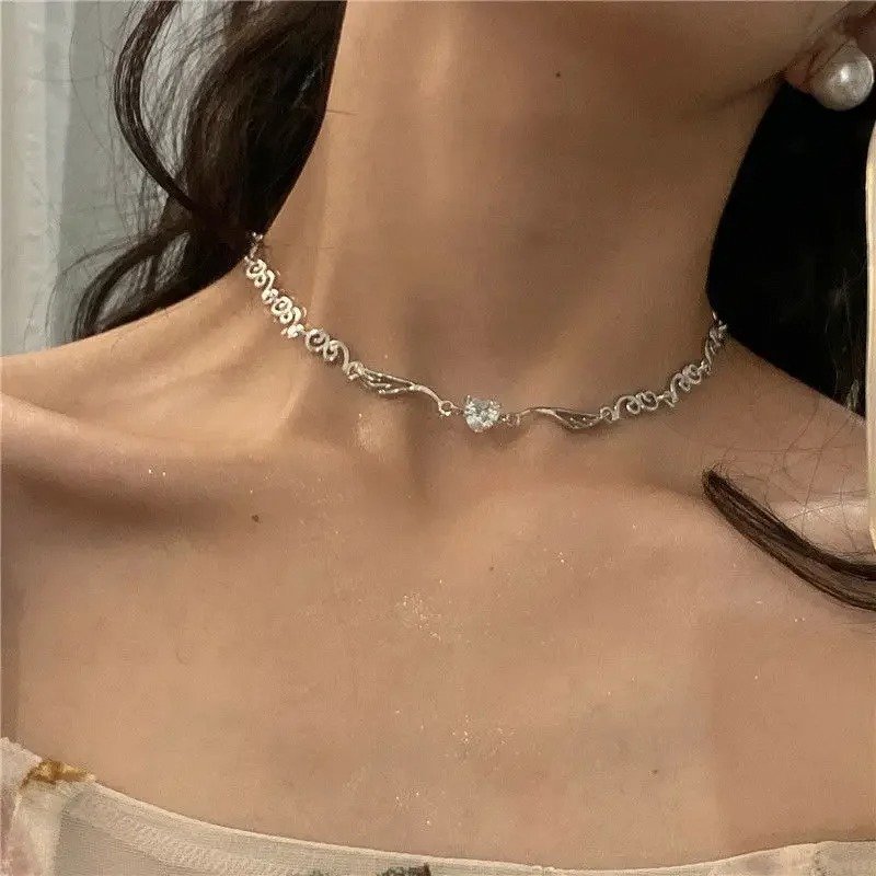 Silver Crystal Heart Angel Wing Choker