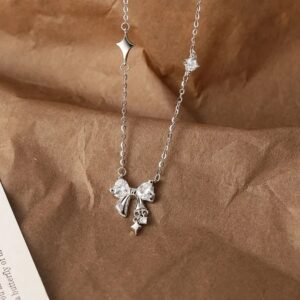 Silver Crystal Bow Star Necklace