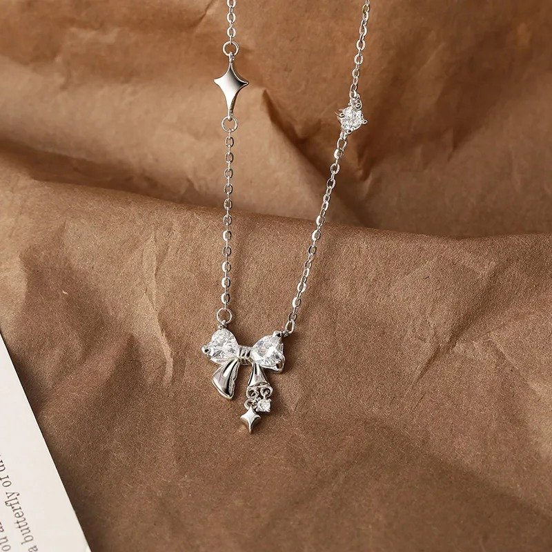 Silver Crystal Bow Star Necklace