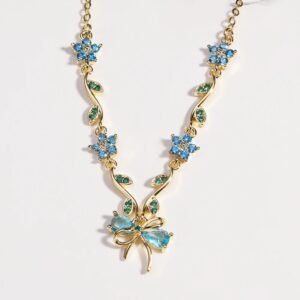 Gold Blue Crystal Flower Bow Necklace