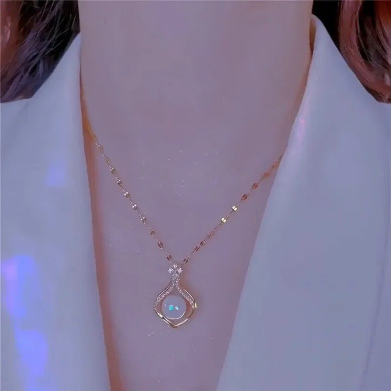 Rose Gold Pavé Faux Pearl Teardrop Necklace