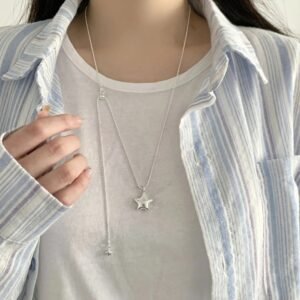 Silver Puffy Star Lariat Necklace