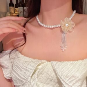 Pearl Crystal Flower Tassel Necklace