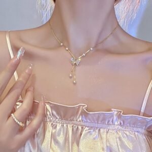 Gold Pavé Butterfly Pearl Drop Necklace