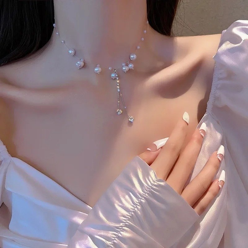 Pearl Crystal Tassel Drop Necklace
