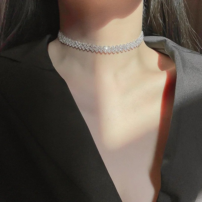 Silver Crystal Chevron Choker Necklace