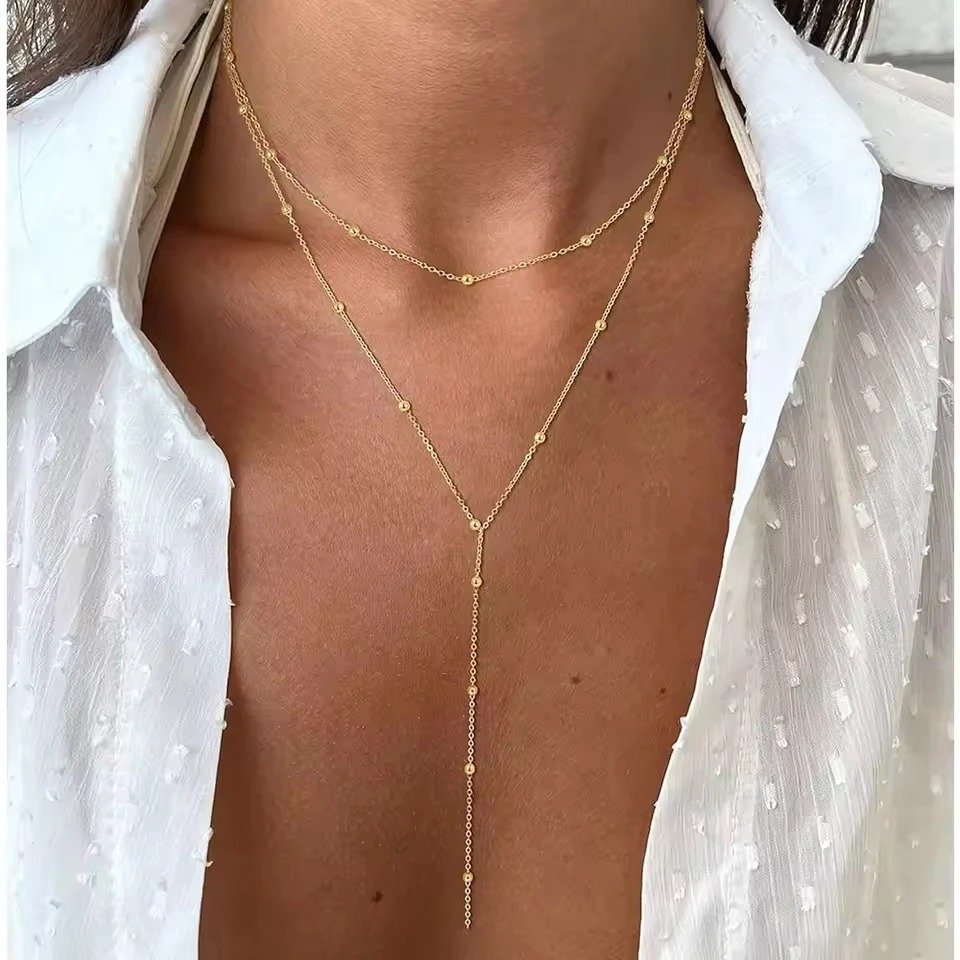 Gold Beaded Layered Lariat Necklace