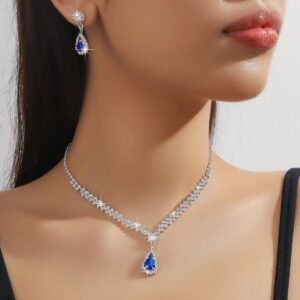 Silver Blue Crystal Teardrop Necklace