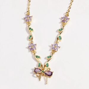 Gold Purple Crystal Flower Bow Necklace