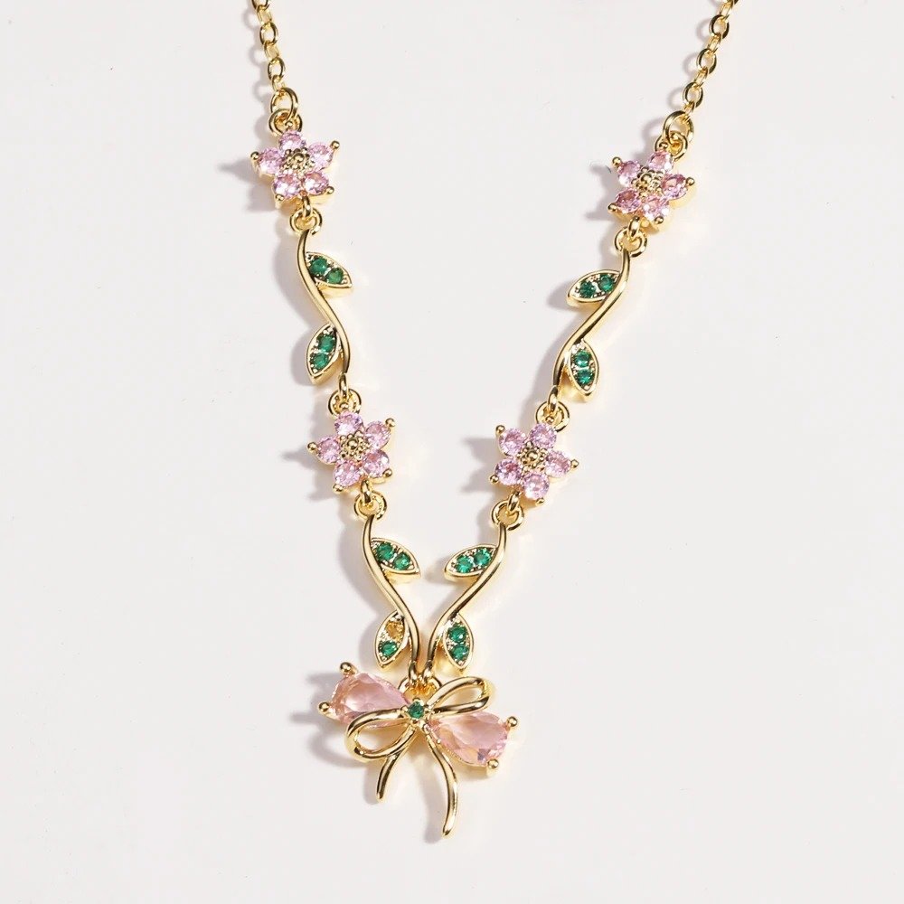 Gold Crystal Blossom Bow Necklace