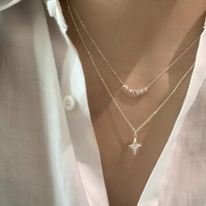 Silver Beaded Star Layered Necklace