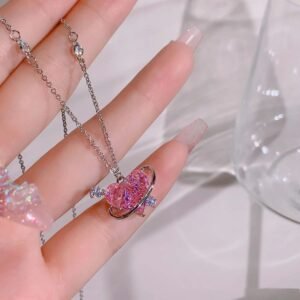 Pink Crystal Saturn Heart Necklace