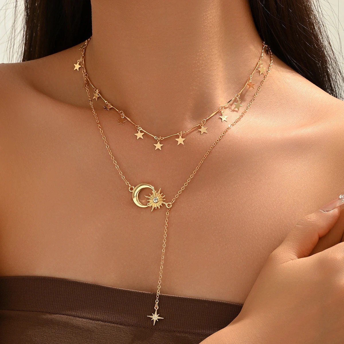 Gold Crystal Moon Star Layered Necklace