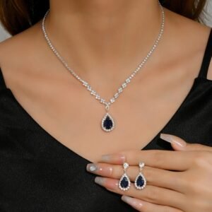 Silver Navy Crystal Teardrop Necklace Set