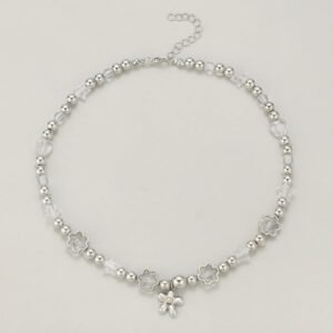 Silver Crystal Flower Charm Necklace