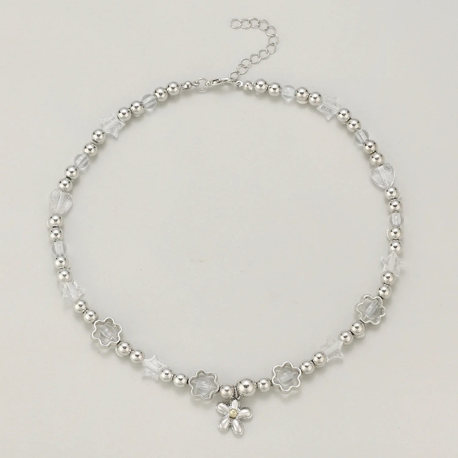 Silver Crystal Flower Charm Necklace