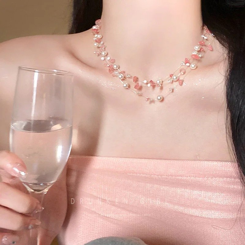 Pink Faux Pearl Cherry Blossom Necklace