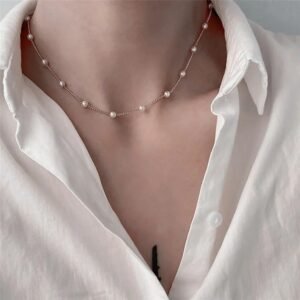 Faux Pearl Gold Station Necklace