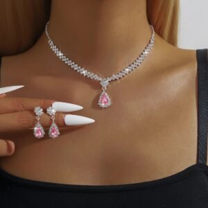 Silver Crystal Pink Teardrop Necklace Set