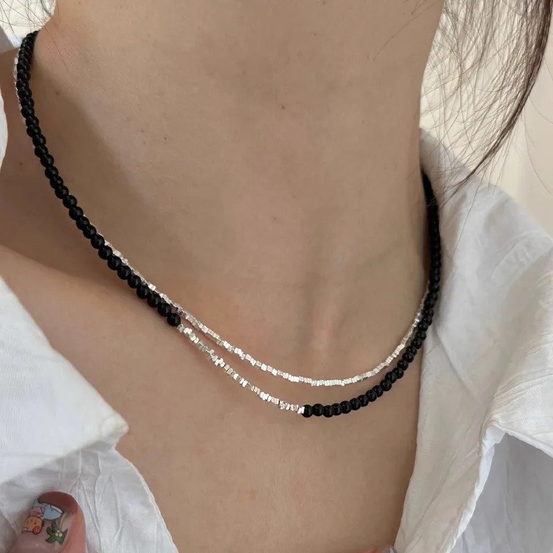 Black Crystal Beaded Layered Choker