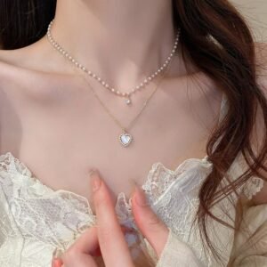 Gold Faux Pearl Heart Layered Necklace