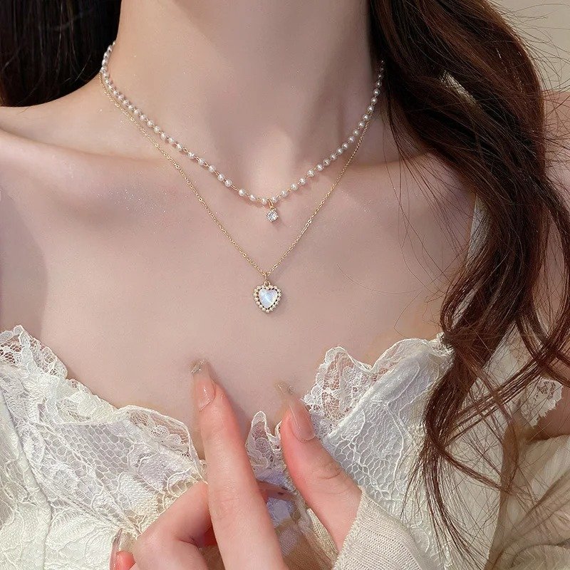 Gold Faux Pearl Heart Layered Necklace