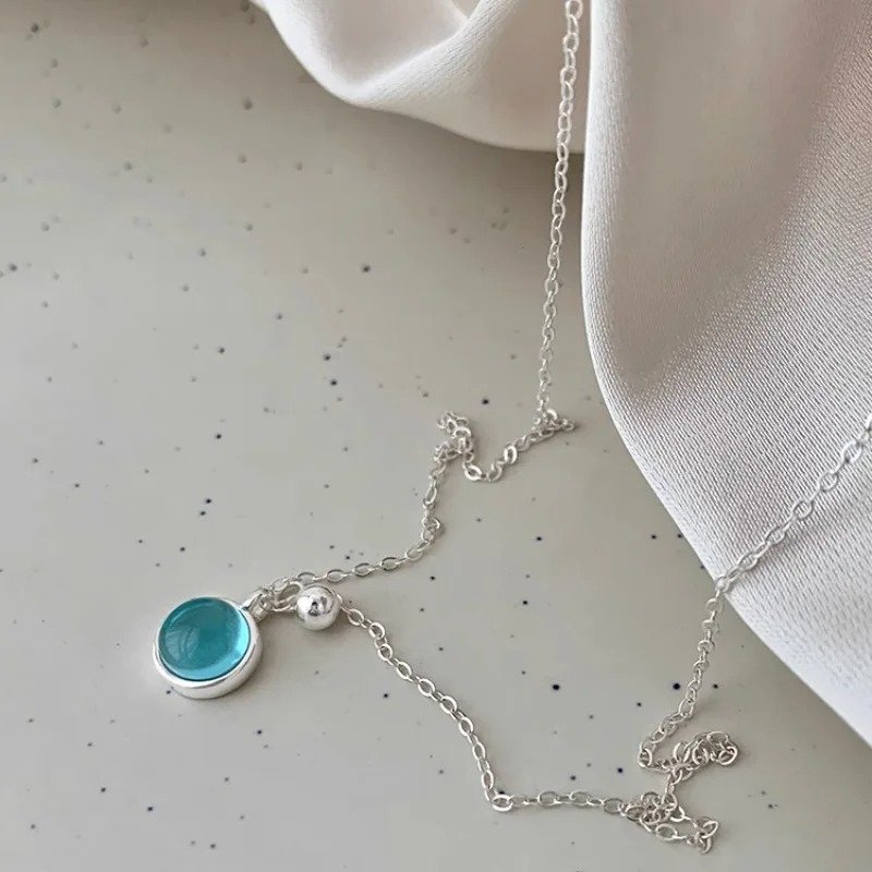 Aqua Crystal Round Pendant Necklace